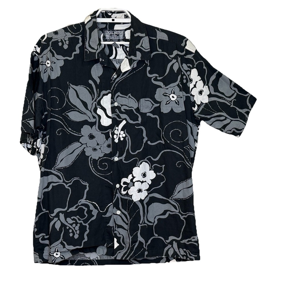 Local Motion Original Aloha Shirt Mens Large Black White Hawaiian Short Sleeve